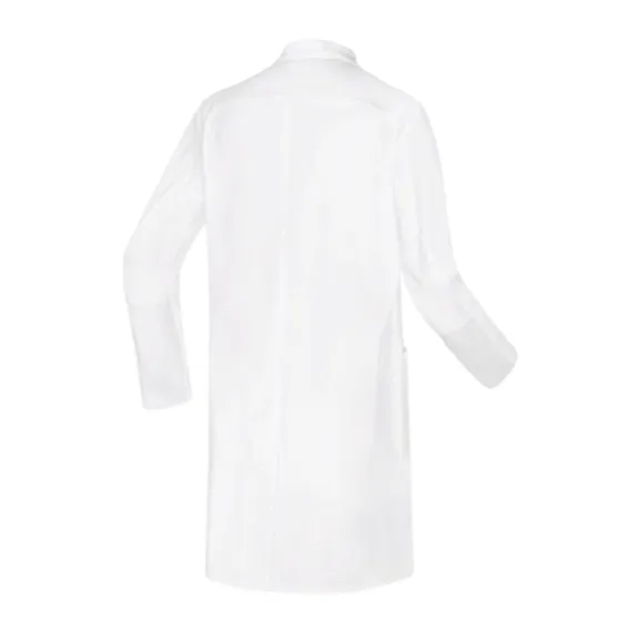 Lange medische jas heren opstaande kraag personaliseerbaar borduurwerk achterkant.webp