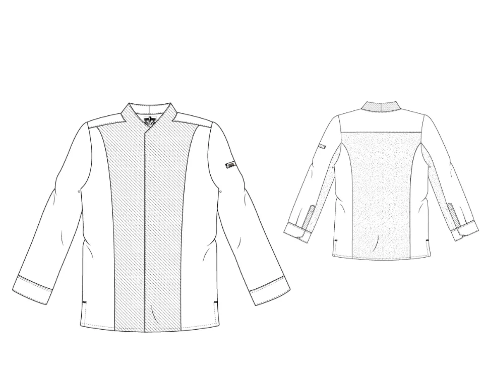 Herenkeukenjas executive luxekeukenjas chaud devant wit personaliseerbaar technische tekening.webp