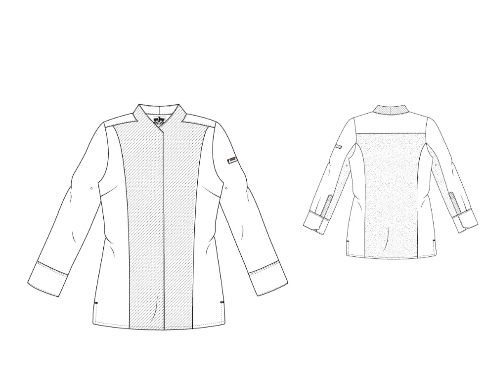 Dameskeukenjas executive luxekeukenjas chaud devant wit personaliseerbaar technische tekening.webp