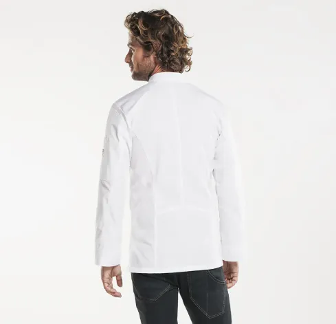 Herenkeukenjas Biker met rits chaud devant wit personaliseerbaar achterkant.webp