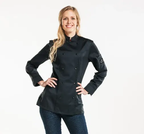 Dameskeukenjas Roma klassiek model met dubbele knopenrij zwart personaliseerbaar.webp